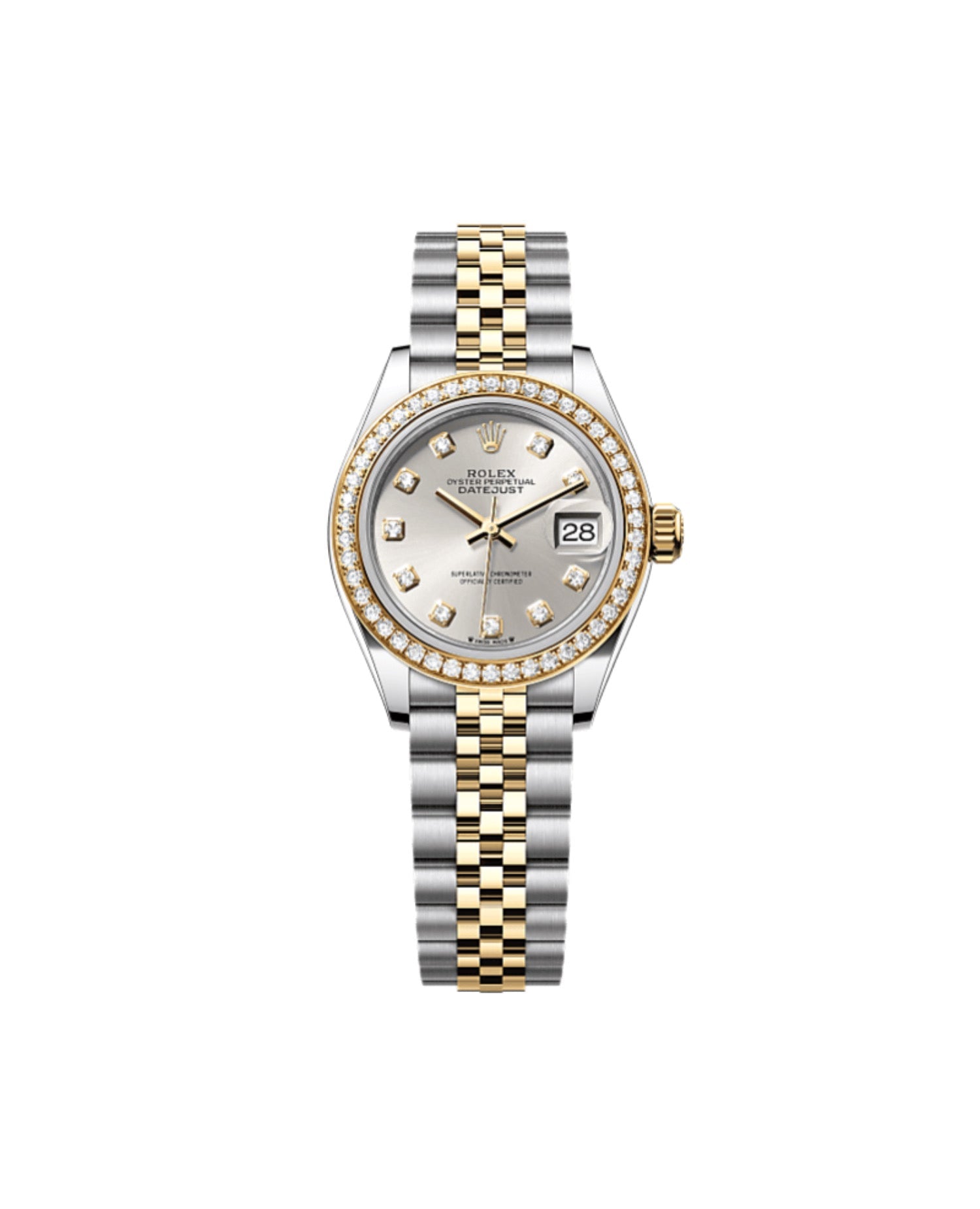 RLX Lady-Datejust Oyster, 28 mm, Oystersteel, yellow gold and diamonds, Silver Diamont-Set