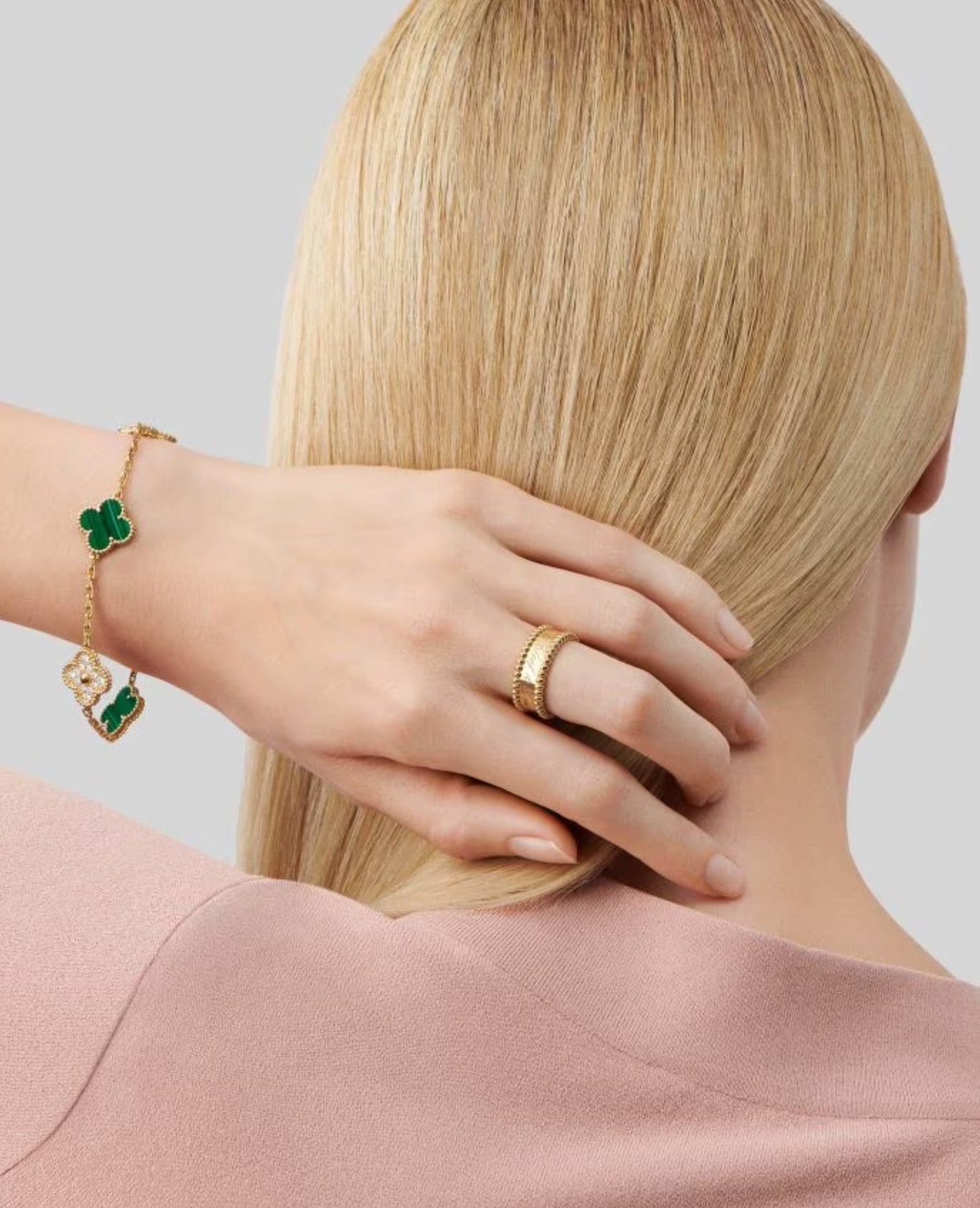 VCF Vintage Alhambra bracelet, 5 motifs, yellow gold, Diamond, Malachite