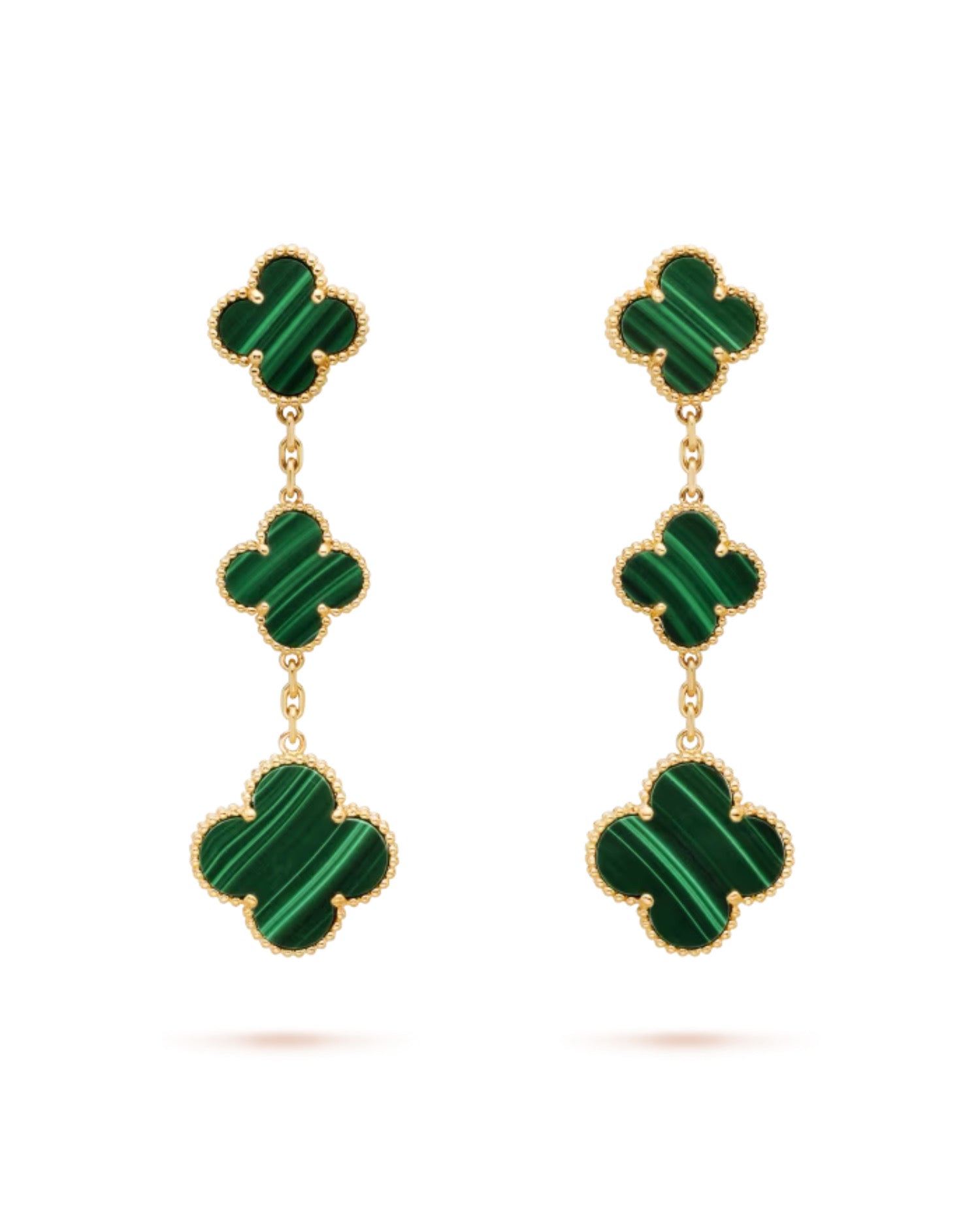 VCF Magic Alhambra earrings, 3 motifs, yellow gold, Malachite