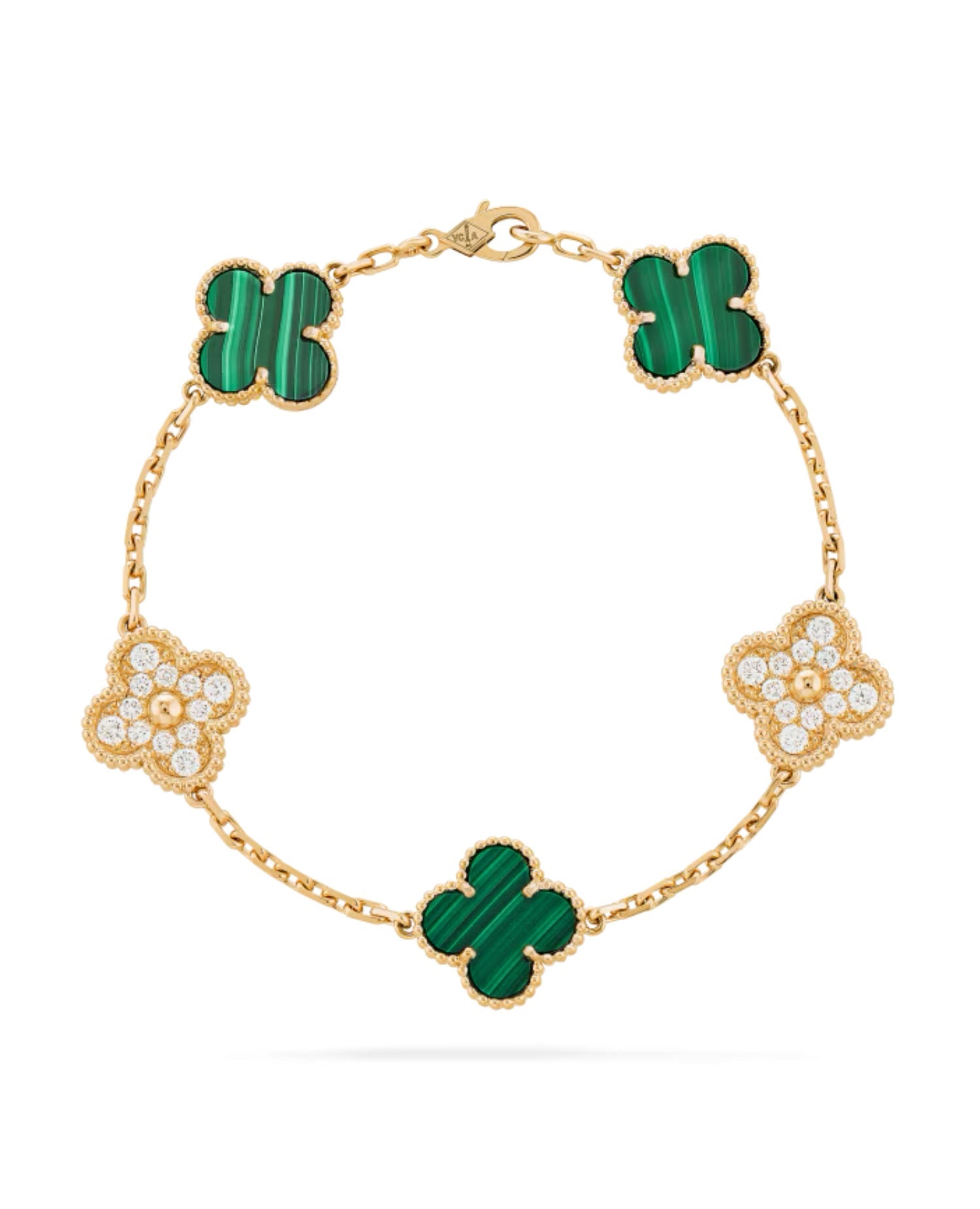 VCF Vintage Alhambra bracelet, 5 motifs, yellow gold, Diamond, Malachite