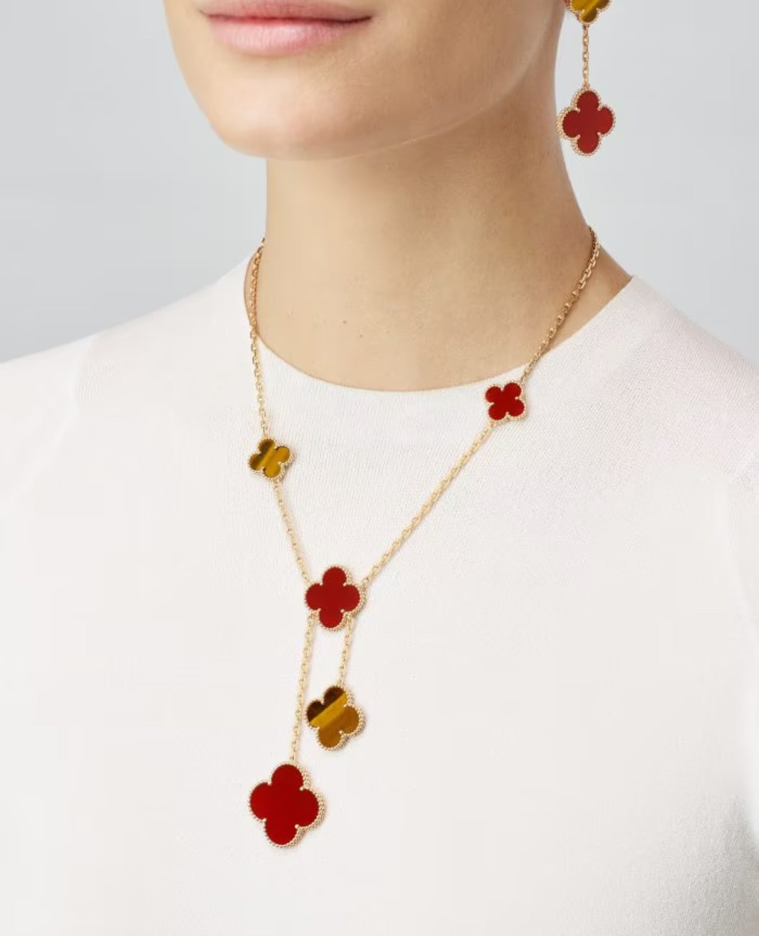 VCF Magic Alhambra Necklace, 6 motifs, yellow gold, Carnelian, Tiger Eye