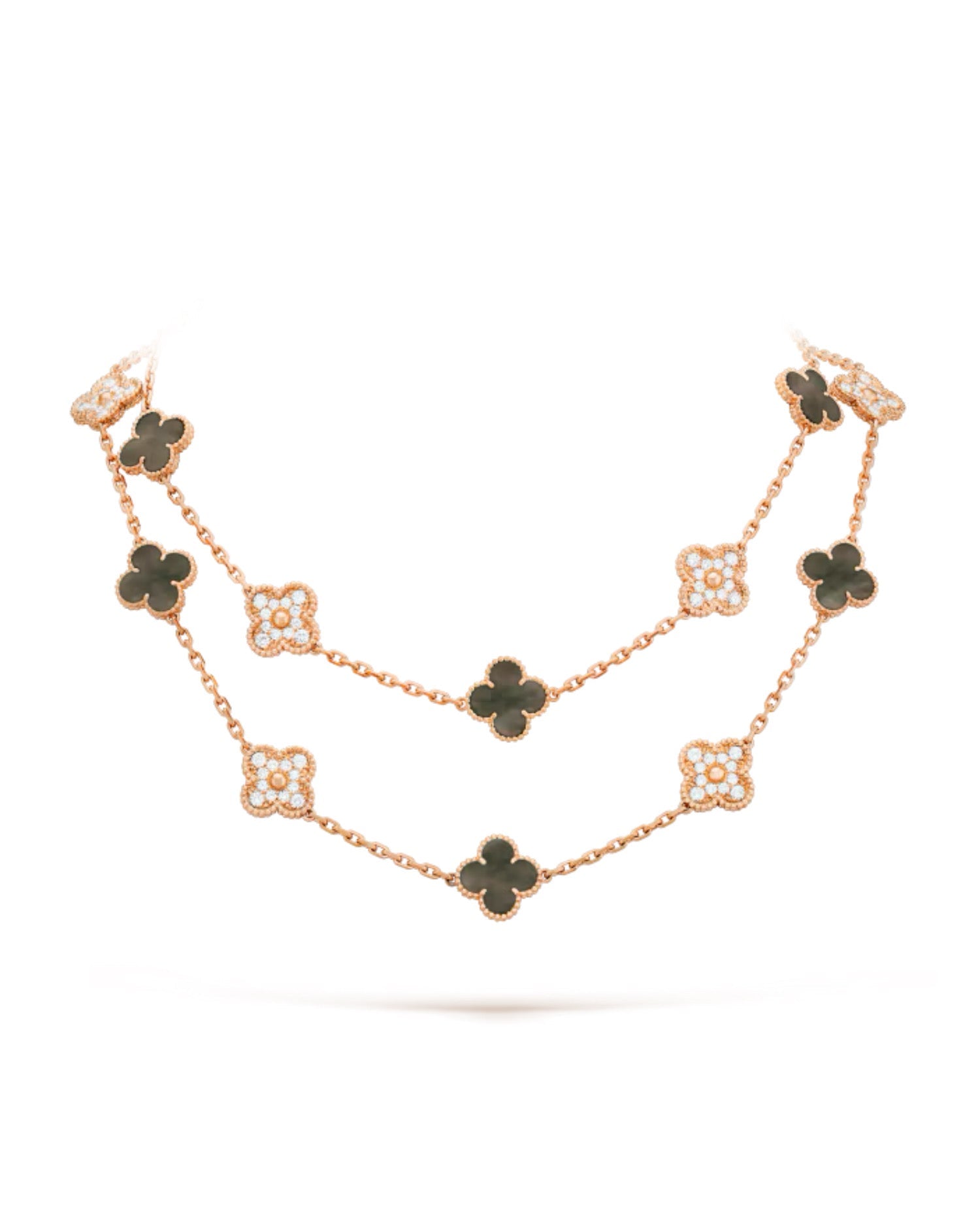 VCF Vintage Alhambra long necklace, 20 motifs, rose gold, Diamond, Mother-of-pearl