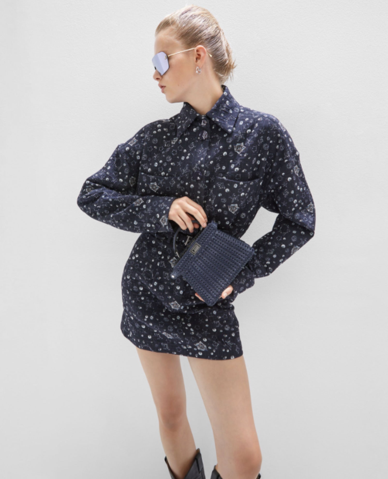 FND Peekaboo ISeeU Petite Midnight Blue Interlace Leather Bag