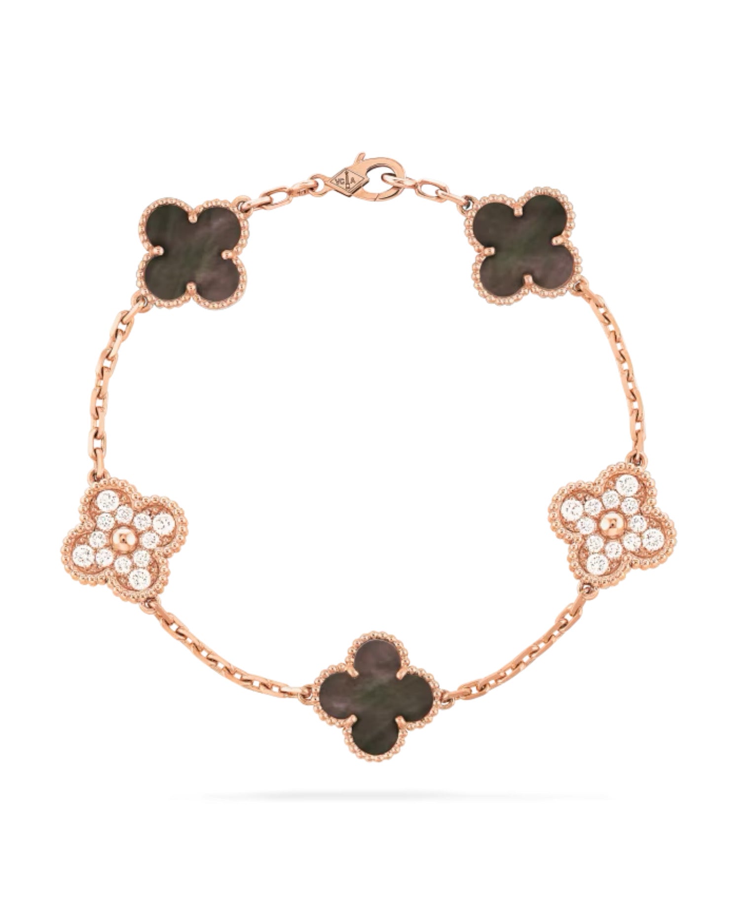 VCF Vintage Alhambra bracelet, 5 motifs, rose gold, Diamond, Mother-of-pearl