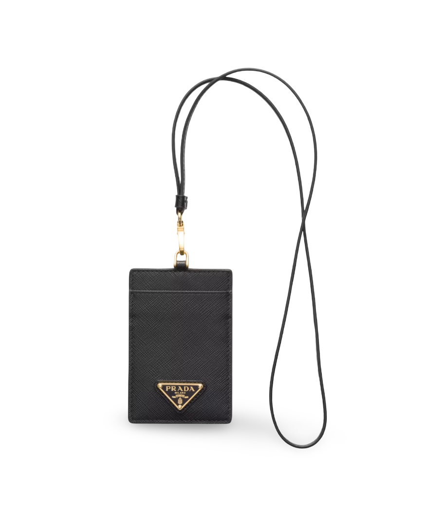 PRD Saffiano Leather Badge Holder Black Gold Hardware