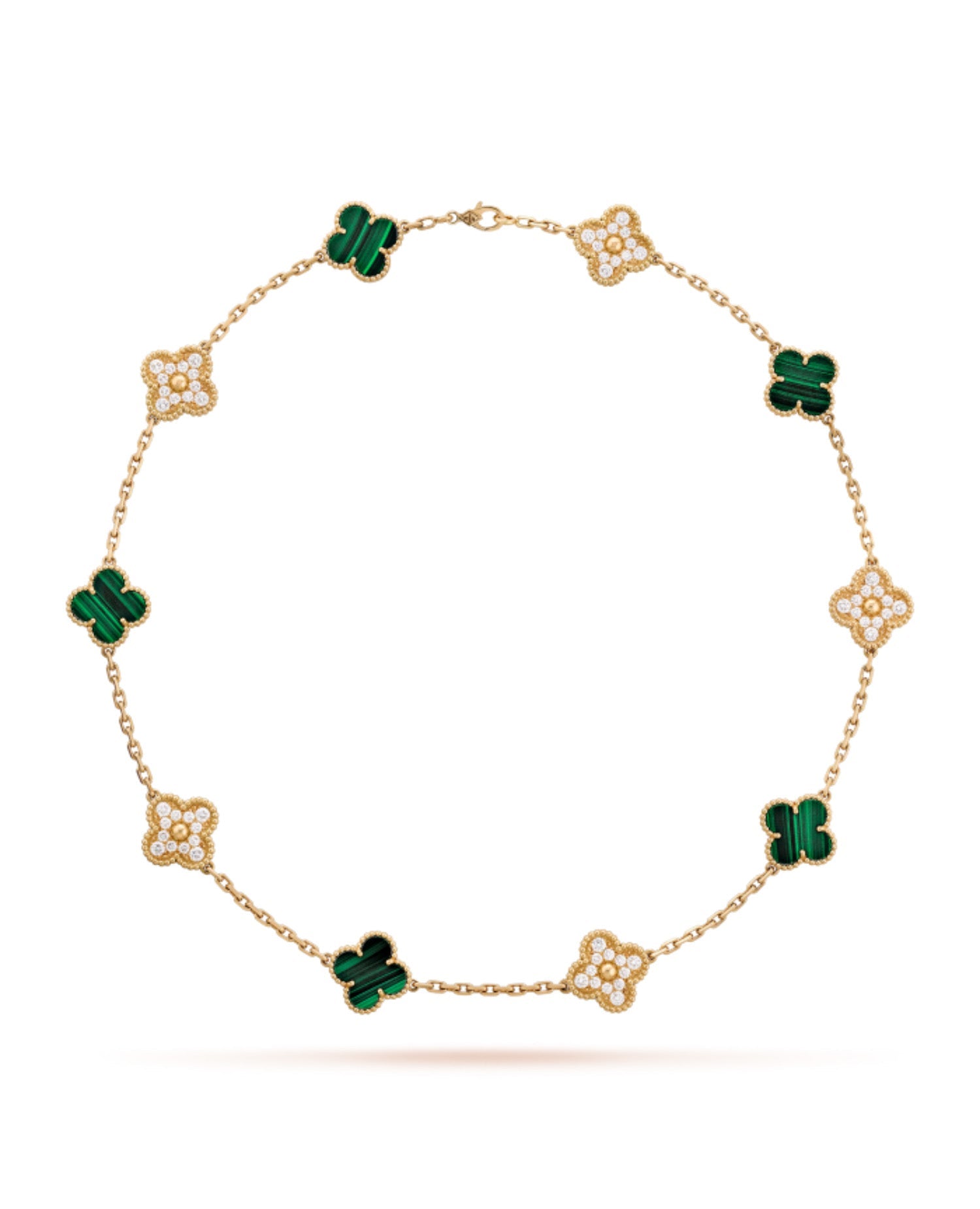 VCF Alhambra Necklace, 10 motifs, Yellow Gold, Diamond, Malachite