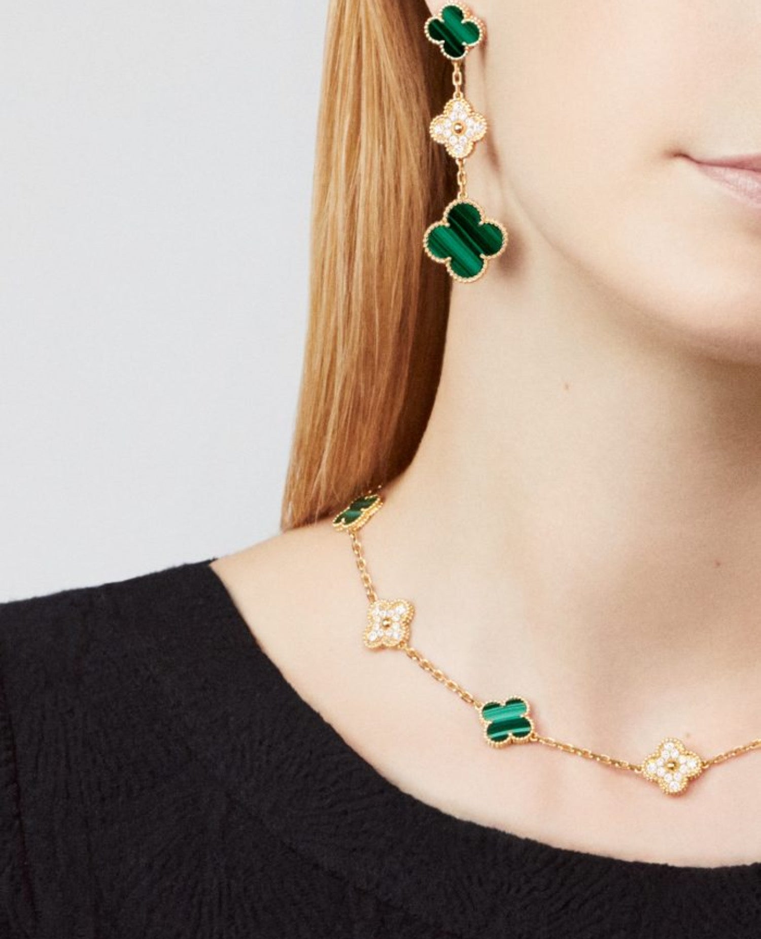 VCF Alhambra Necklace, 10 motifs, Yellow Gold, Diamond, Malachite