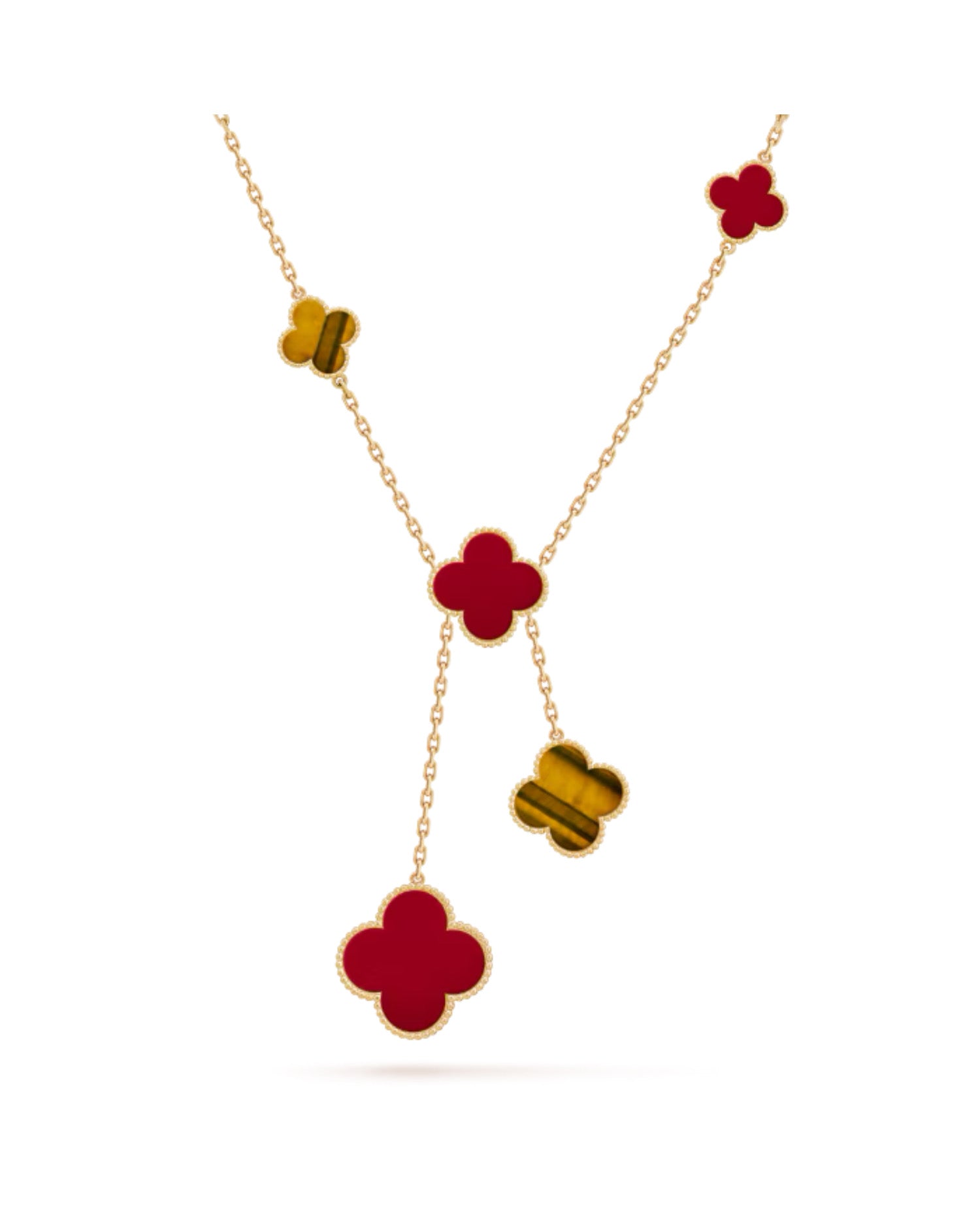 VCF Magic Alhambra Necklace, 6 motifs, yellow gold, Carnelian, Tiger Eye