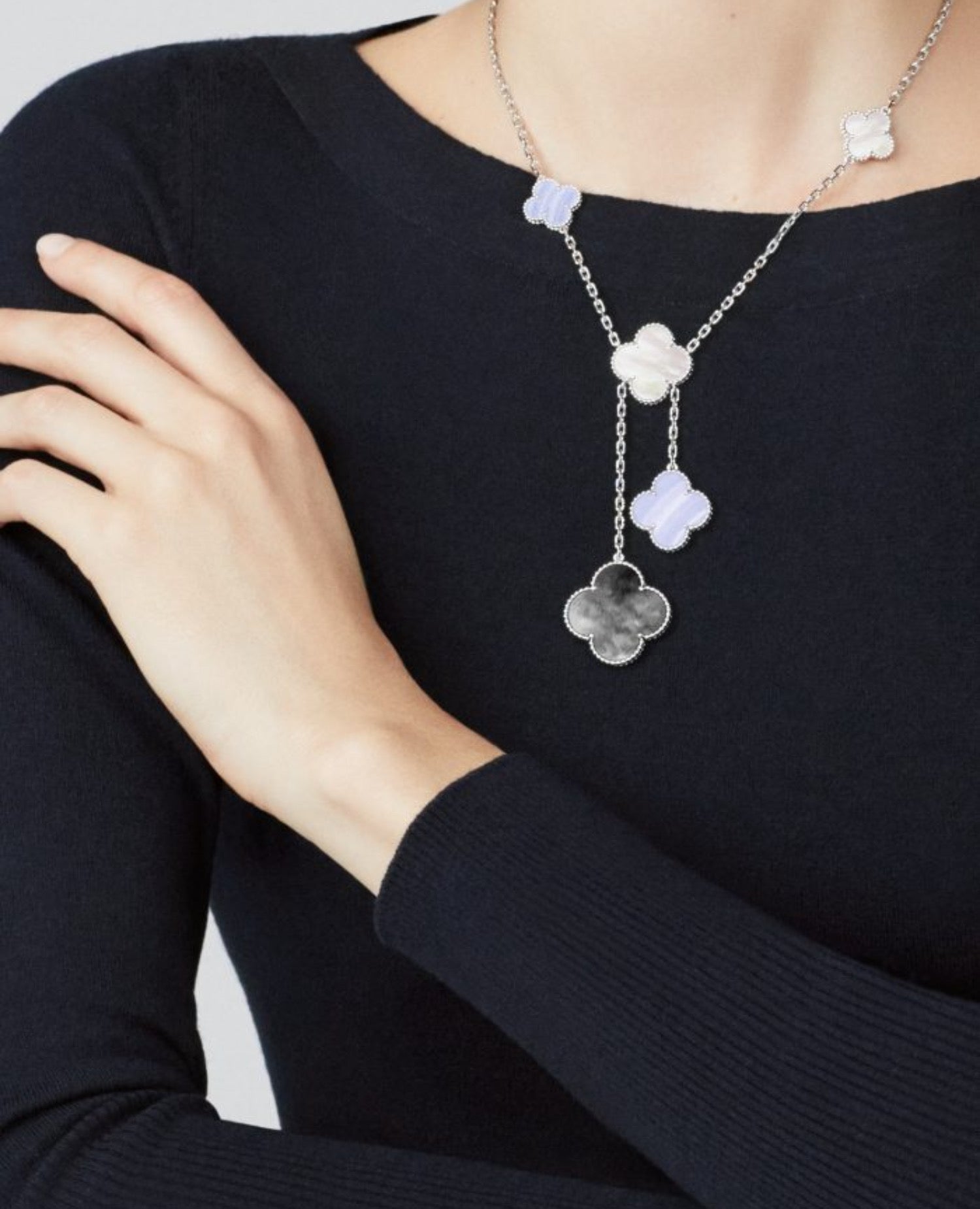 VCF Magic Alhambra necklace, 6 motifs, white gold, Chalcedony, Mother-of-pearl