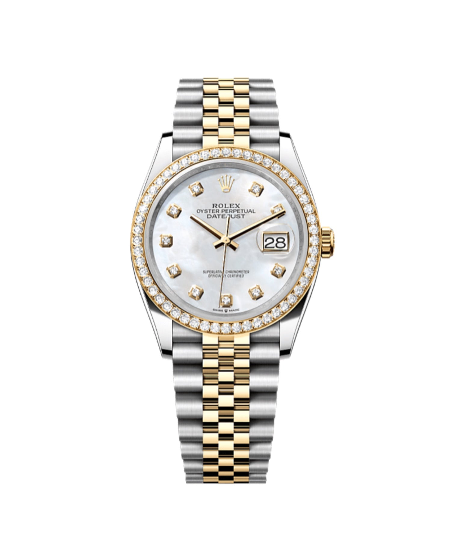 RLX Datejust 36 Oyster, 36 mm, Oystersteel, yellow gold and diamonds, White mother-of-pearl