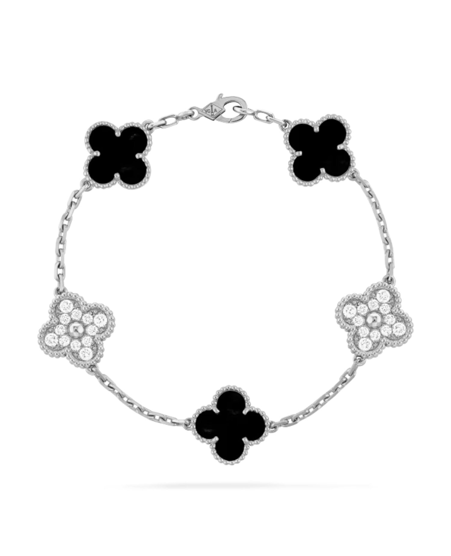 VCF Vintage Alhambra bracelet, 5 motifs, white gold, Diamond, Onyx