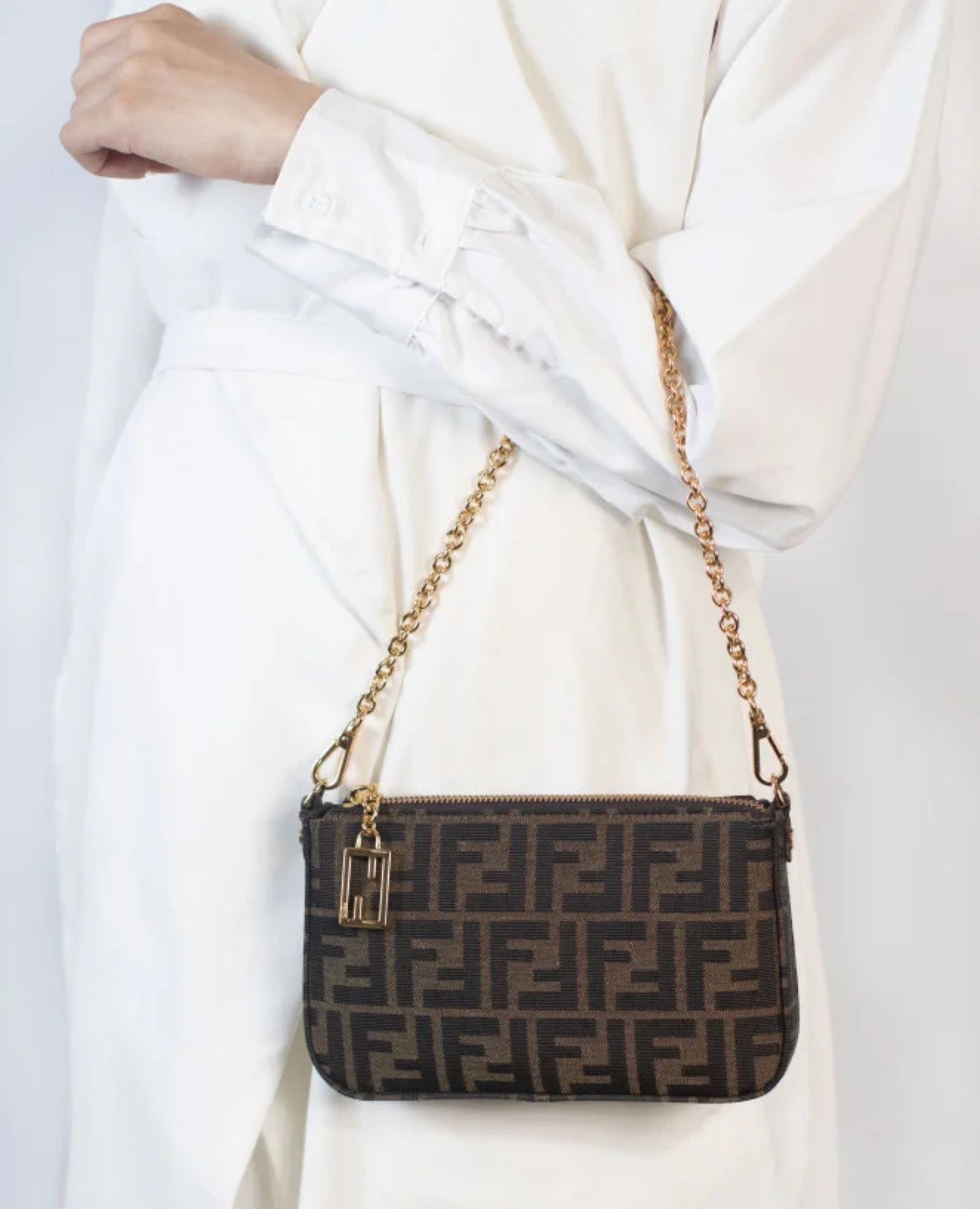 FND Baguette Pouch Brown jacquard FF fabric