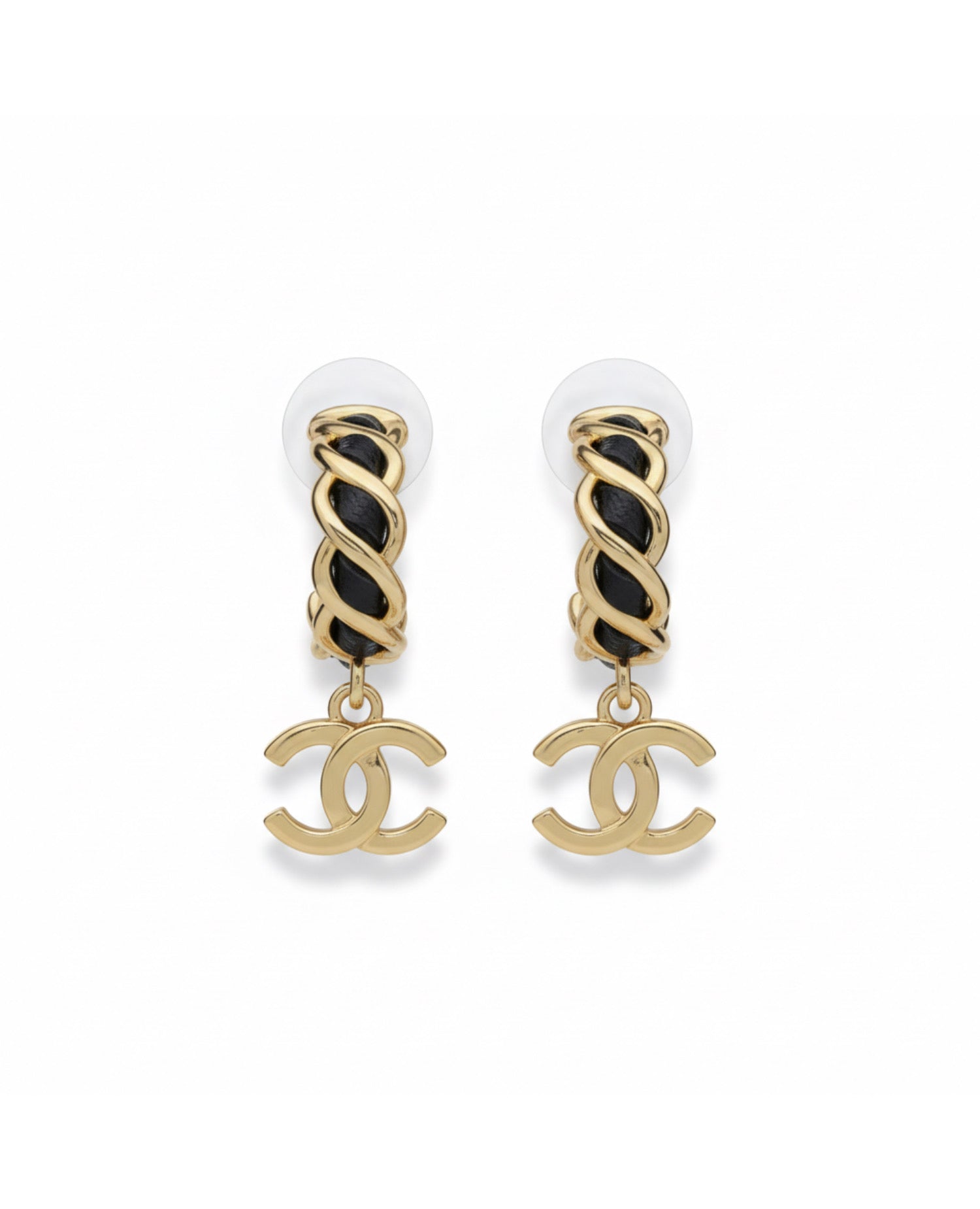 COCO Gold-tone and Black Leather Interlaced CC Logo Drop Earrings
