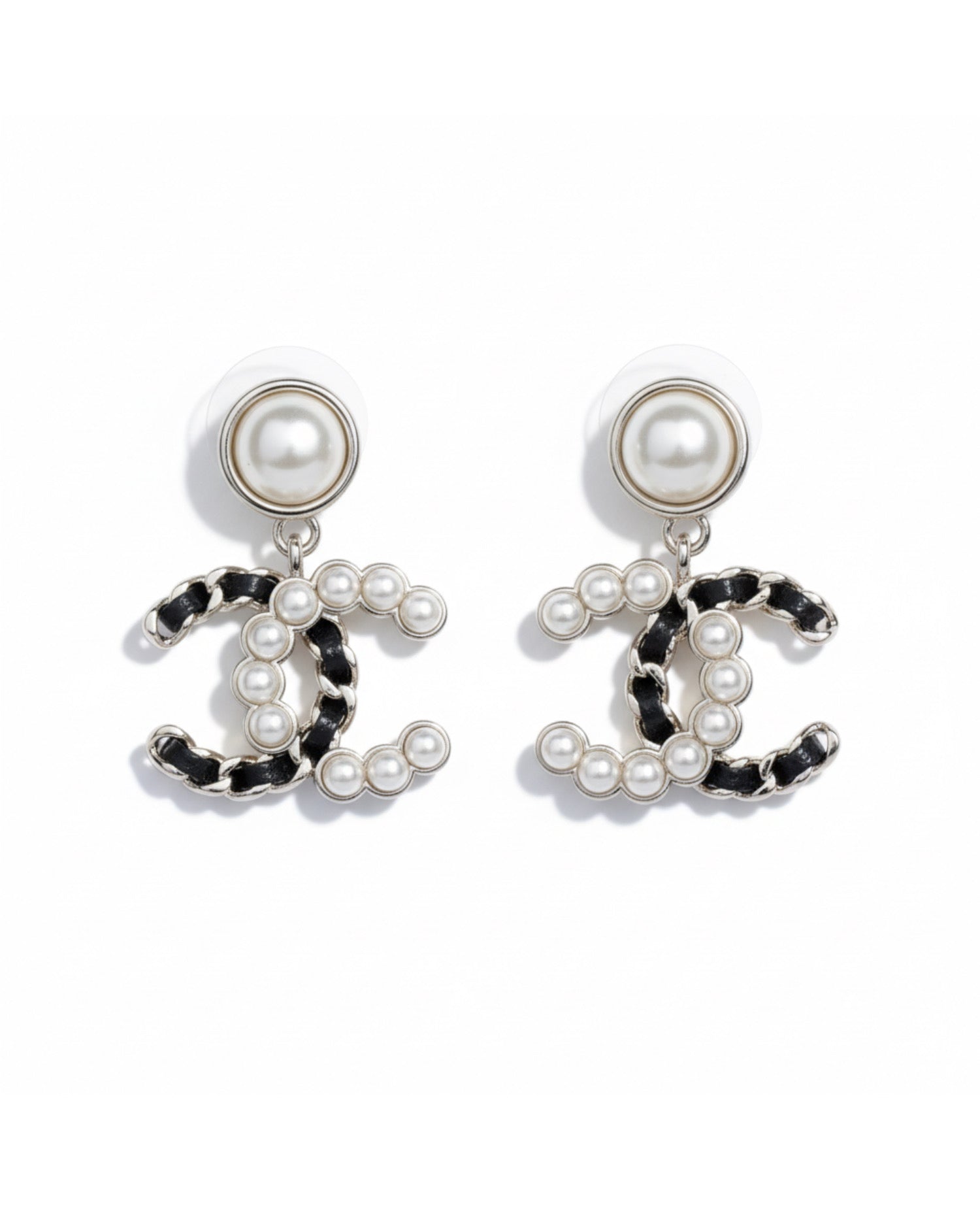 COCO Interlaced Leather and Pearl CC Drop Earrings