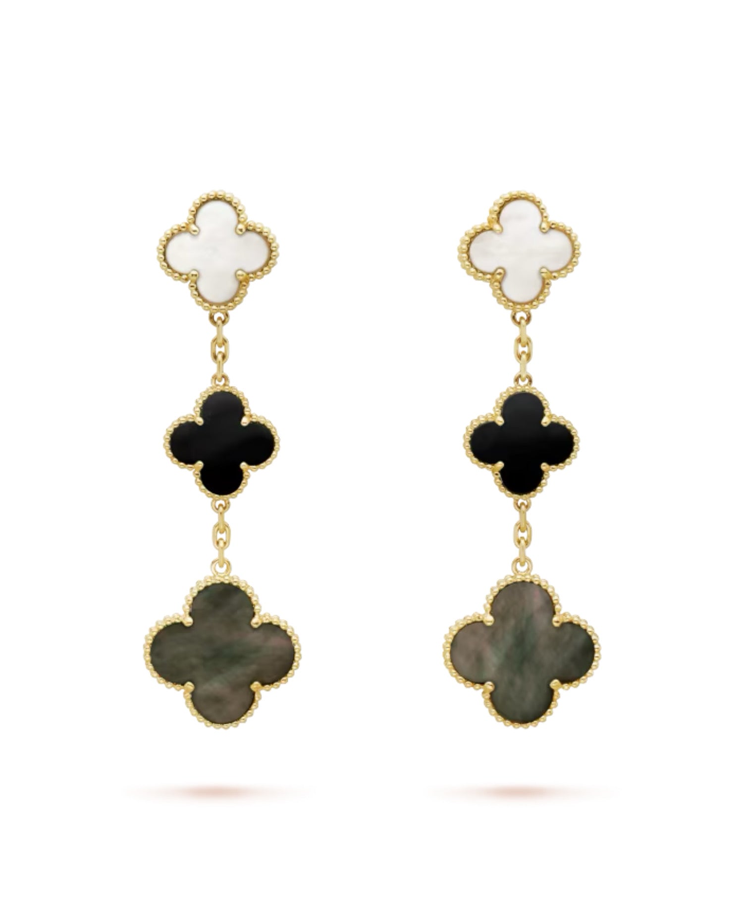 VCF Magic Alhambra earrings, 3 motifs, yellow gold, Mother-of-pearl, Onyx