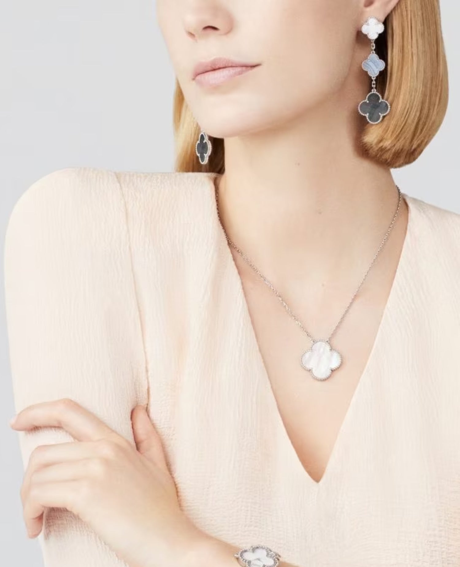 VCF Magic Alhambra earrings, 3 motifs, white gold, Chalcedony, Mother-of-pearl