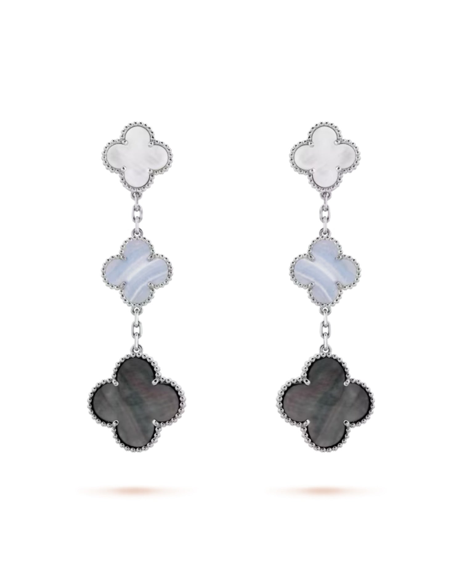VCF Magic Alhambra earrings, 3 motifs, white gold, Chalcedony, Mother-of-pearl