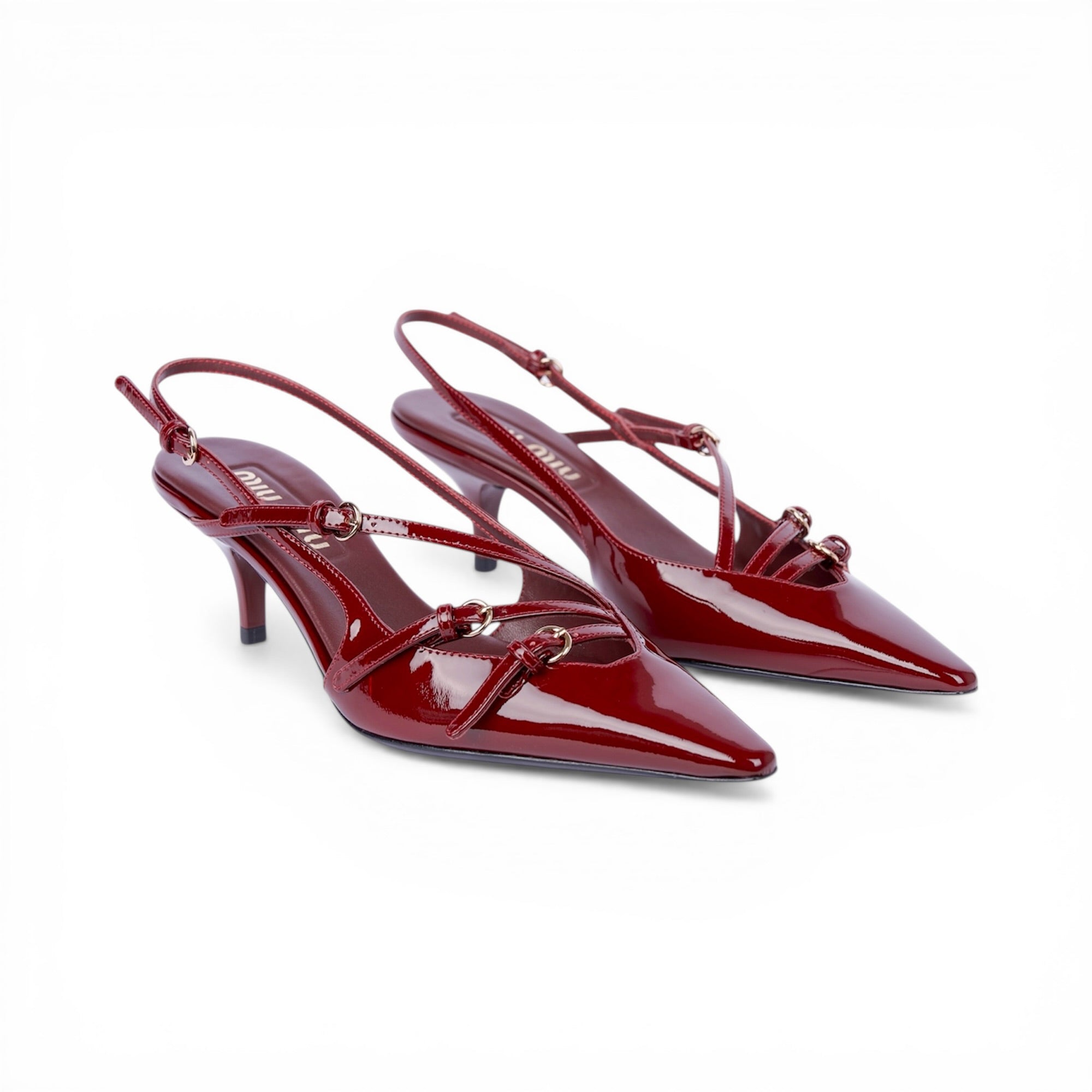 MMU Patent leather slingbacks with buckles Crimson